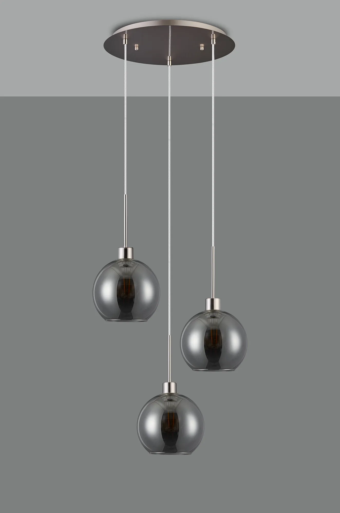 Lori 40cm Round Pendant, 3 Light Adjustable E27, Satin Nickel/Smoke Open Mouth Round Globe Shades DK1367  Deco Lori Satin Nickel